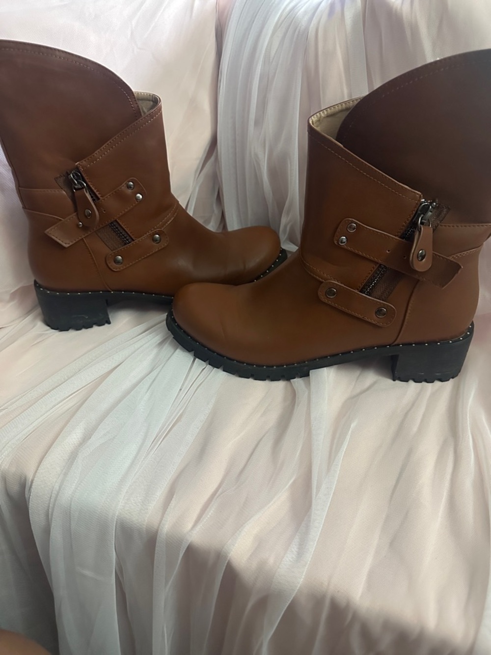 Women's Tan Lace-Up Moto Boots with Side Zip